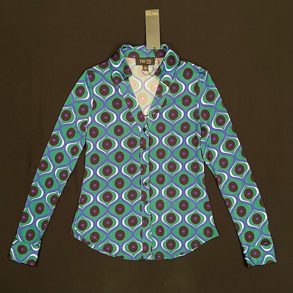 Truth Groovy Stripe Green Purple Black Button Down Stretch Knit Shirt Small NEW